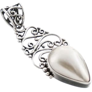 1 7/8 &quot;Träne weiße Mabe Perle filigrane 925 Sterling Silber Anhänger