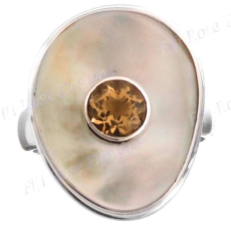 White Mother Of Pearl Shell Citrine Inset 925 Sterling Silver Ring
