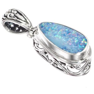 925 Sterling Silver Genuine Australian Opal In Filigree Sterling Setting Pendant, 1"
