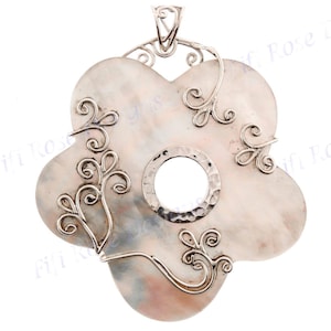 3 1/2&quot; White Mother Of Pearl Shell Flower 925 Sterling Silver Pendant