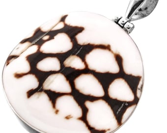 May include: A silver pendant featuring a round, white shell with a brown, geometric pattern. The shell is set in a silver frame and has a silver bail.