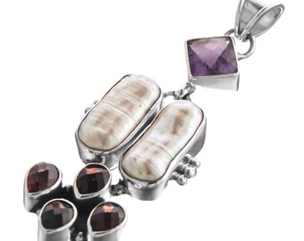Pendentif En Argent 925 Avec Perle D'eau Douce, Grenat Et Améthystes - Marque Bimonia, Neuf Avec étiquettes