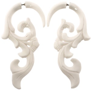 2 3/4&quot; Fake Gauge White Bone Tribal Orchid Flower Body Jewelry Post Earrings