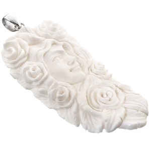 3 1/4&quot; Goddess Rose Bed Flowers Bison Bone Carving 925 Sterling Silver Pendant