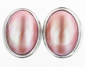 1 3/16" PINK QUARTZ MABE PEARL 925 STERLING SILVER POST earrings