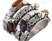 Colorful Mixed Gems Bali Handmade Swirl 925 Sterling Silver Ring