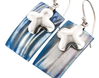 7/8" Rectangle Blue Mother Of Pearl Turbo Shell 925 Sterling Silver Earrings