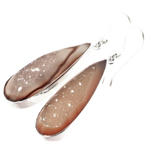 925 Sterling Silver Long Teardrop Brown Natural Druzy Drusy Sterling Earrings, 1 1/4&quot;