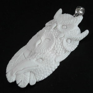 3 1/8&quot; Handmade Owl Eagle Feathers Bison Bone 925 Sterling Silver Pendant