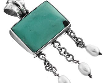 1 11/16" turquoise perle d’eau douce 925 pendentif en argent Sterling