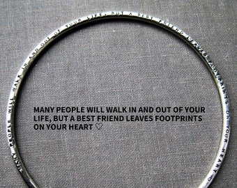 Best Friend Footprints On Your Heart Quote Bangle | Personalized Bangle Jewelry | Best Friend Eleanor Roosevelt Quote Bangle Gift for Her