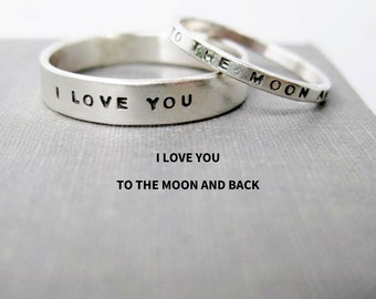 Love You to the Moon and Back Couple Ring Set | Personalized Ring Jewelry | I Love You to the Moon and Back Love Ring Set for Couples 2/4mm