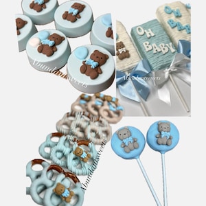 Assorted custom sweets Teddy Bear party package Chocolate covered rice crispy, Oreos, pretzels and cake pops.