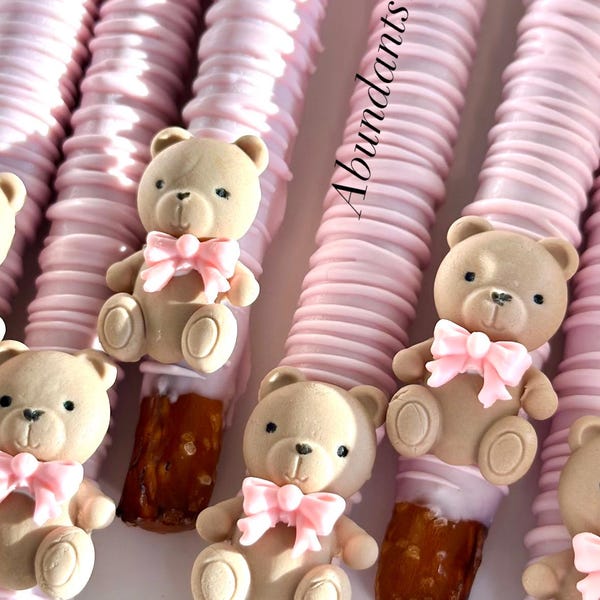 12 Teddy Bear chocolate covered pretzels, Pink baby shower, Baby Girl baby shower pretzels, Baby Girl Teddy Bear Theme Pretzels