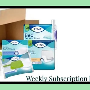 May include: A weekly subscription box for incontinence products. The box contains TENA Bed Secure Zone, TENA Incontinence Pants, TENA Soft Wipes, and two bottles of Medi Derma.