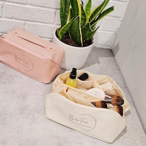 Water Resistant Leather Makeup Bag: Large Travel Cosmetic Organizer