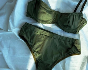 Organic COTTON Lingerie, Green set for Ladies: bra, thong panty, classic briefs, cheeky bikini from choose, elegant classy lingerie