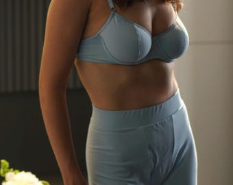 Conjunto de ropa de estar por casa de algodón a juego, pantalones cortos azul claro y sujetador con tirantes ajustables, ropa transpirable.