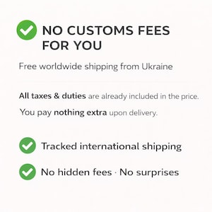 May include: White background with text in black and green. The text reads "NO CUSTOMS FEES FOR YOU" and "Tracked international shipping". The image also states "No hidden fees. No surprises."