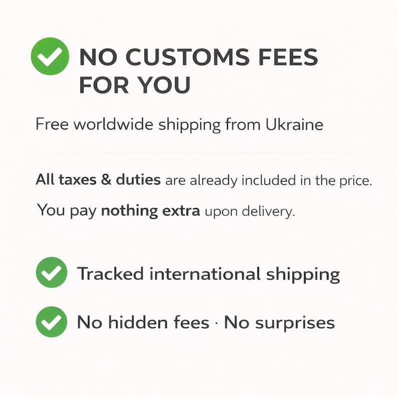 May include: White background with text in black and green. The text reads "NO CUSTOMS FEES FOR YOU" and "Tracked international shipping". The image also states "No hidden fees. No surprises."