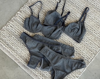 Grey Lingerie Set, Cotton Bra or Bralette, Panty Bundle