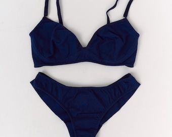 Blue cotton bralette and cheeky panty set, navy soft wireless lingerie for women, handmade underwear, dark blue bra and panty set