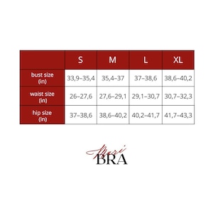 Puede incluir: Tabla de tallas para Mari BRA, con medidas de busto, cintura y cadera en pulgadas. Las tallas van de la S a la XL, con tallas de busto de 86,1 a 102,1 cm, tallas de cintura de 66 a 82 cm y tallas de cadera de 94 a 110 cm.
