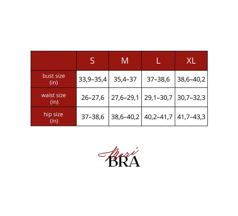 Puede incluir: Tabla de tallas para Mari BRA, con medidas de busto, cintura y cadera en pulgadas. Las tallas van de la S a la XL, con tallas de busto de 86,1 a 102,1 cm, tallas de cintura de 66 a 82 cm y tallas de cadera de 94 a 110 cm.