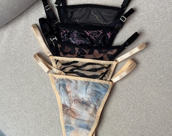 Sheer mesh thong panties, transparent underwear, see through mesh lingerie, handmade panty in 5 colors, animal print strappy thong