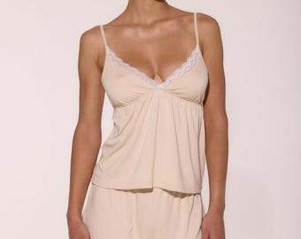 Conjunto de pijama corto de algodón para mujer, ropa de dormir color marfil o caramelo, pijama suave con pantalones cortos, conjunto de pijama de verano