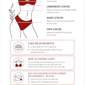 May include: Diagram illustrating how to take body measurements for lingerie. Includes bust, underbust, waist, and hips measurements in both centimeters and inches. Text instructions and icons guide the process, with a brand logo at the bottom.