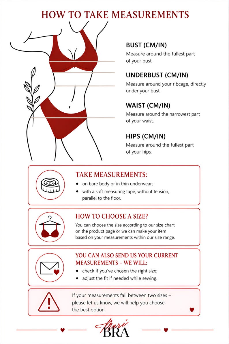 May include: Diagram illustrating how to take body measurements for lingerie. Includes bust, underbust, waist, and hips measurements in both centimeters and inches. Text instructions and icons guide the process, with a brand logo at the bottom.