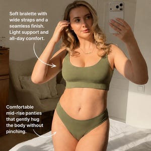 May include: Olive green bralette with wide straps and seamless finish, paired with matching mid-rise panties. The image includes text that reads: "Soft bralette with wide straps and a seamless finish. Light support and all-day comfort."