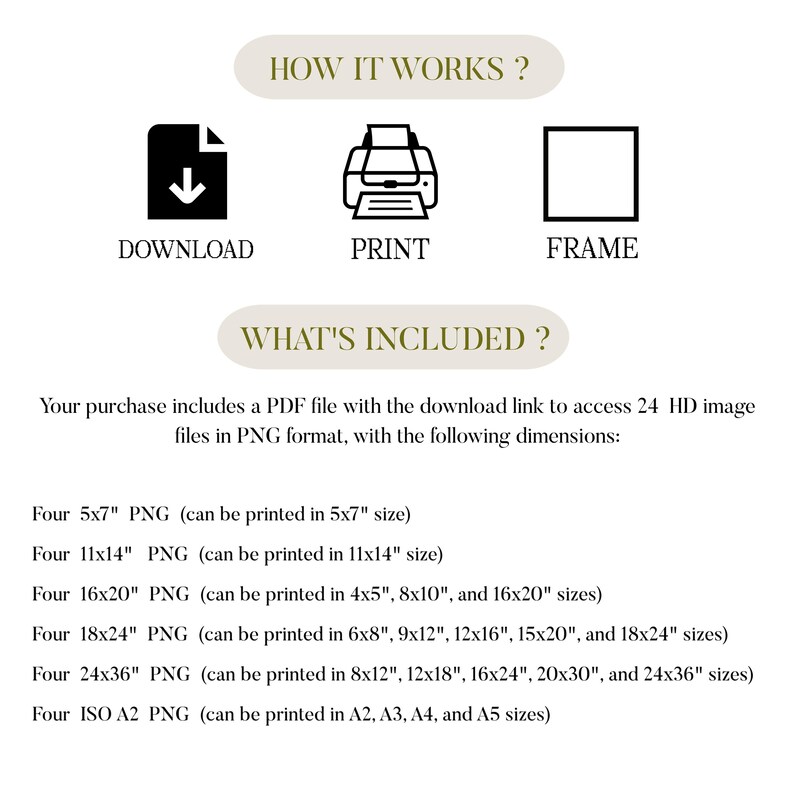 May include: A digital download of 24 high-definition images in PNG format. The images can be printed in various sizes, including 5x7 inches, 11x14 inches, 16x20 inches, 18x24 inches, and 24x36 inches. The images can also be printed in ISO A2, A3, A4, and A5 sizes.