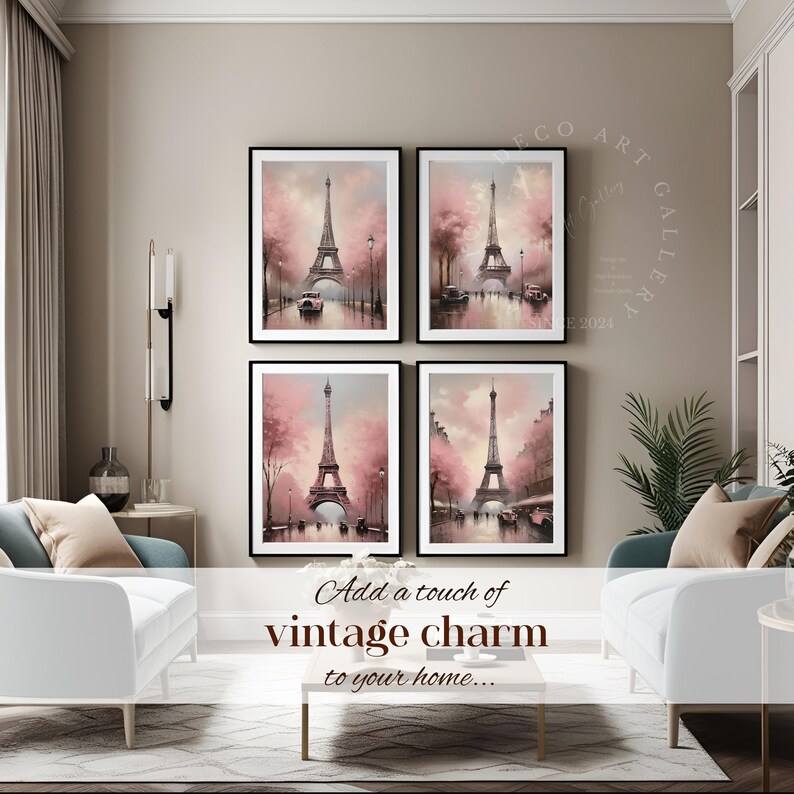 May include: Set of four framed prints featuring watercolor paintings of the Eiffel Tower in Paris, France. Each print depicts the tower with pink blossoms and a vintage car in the foreground. The prints are arranged in a grid pattern on a wall.