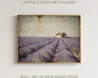 Cuadro de campo de lavanda / Obra de arte floral vintage / Lámina floral natural / Decoración de pared de lavanda