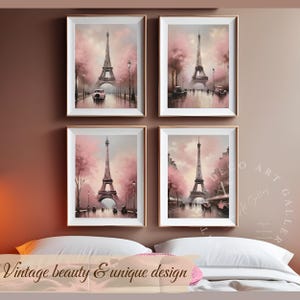 May include: Four framed prints of a pink and white watercolor painting of the Eiffel Tower in Paris, France. Each print features a different perspective of the tower with a vintage car in the foreground.