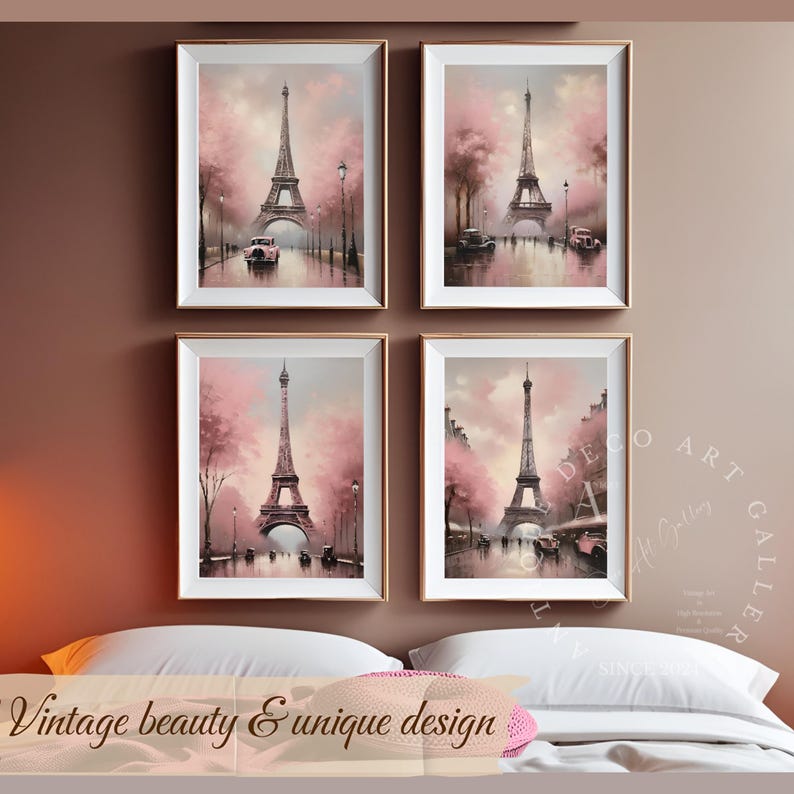 May include: Four framed prints of a pink and white watercolor painting of the Eiffel Tower in Paris, France. Each print features a different perspective of the tower with a vintage car in the foreground.
