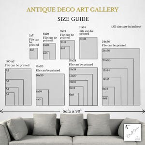 May include: A size guide for art prints, showing different sizes in inches, with the text "Antique Deco Art Gallery" and "Sofa is 90" inches. The guide includes standard paper sizes like ISO A2, A3, A4, and A5.