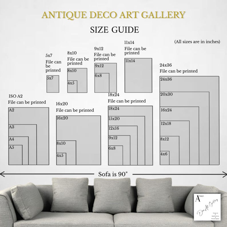 May include: A size guide for art prints, showing different sizes in inches, with the text "Antique Deco Art Gallery" and "Sofa is 90" inches. The guide includes standard paper sizes like ISO A2, A3, A4, and A5.
