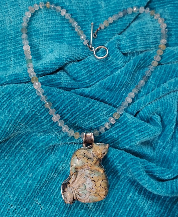 Vintage Kenneth Huang KH Studio Sterling 925 Carved Turquoise Cat Pendant, Natural Aquamarine Necklace