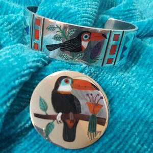 Laconsello Zuni Sterling Silver Toucan Cuff Bracelet Pin Set: Multi-Stone Inlay Jewelry