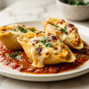 May include: Three jumbo pasta shells stuffed with a creamy cheese filling, topped with melted mozzarella and fresh green herbs. The shells are arranged on a round white plate over a pool of vibrant red tomato sauce with visible herb flecks.