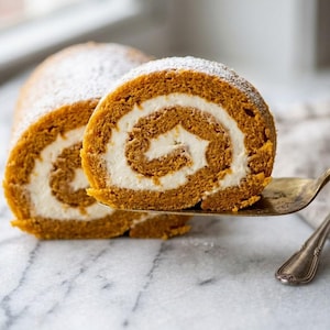 Puede incluir: Un pastel de calabaza enrollado con relleno de crema blanca, espolvoreado con azúcar glas. Una rebanada se levanta con una pala para pasteles de metal, revelando un patrón en espiral de pastel naranja y crema blanca.