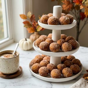 May include: A three-tiered white ceramic serving stand filled with round, golden-brown cinnamon sugar doughnut holes. Beside the stand sits a speckled beige ceramic mug filled with a warm beverage and a silver spoon resting inside the cup.
