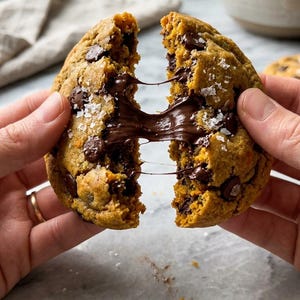 Op de afbeelding: Een goudbruin chocolate chip koekje dat doormidden is gebroken, met een zachte, gesmolten kern van pure chocolade en zichtbare draden gesmolten chocolade tussen de twee helften, bestrooid met grove korrels zeezout over het oppervlak.
