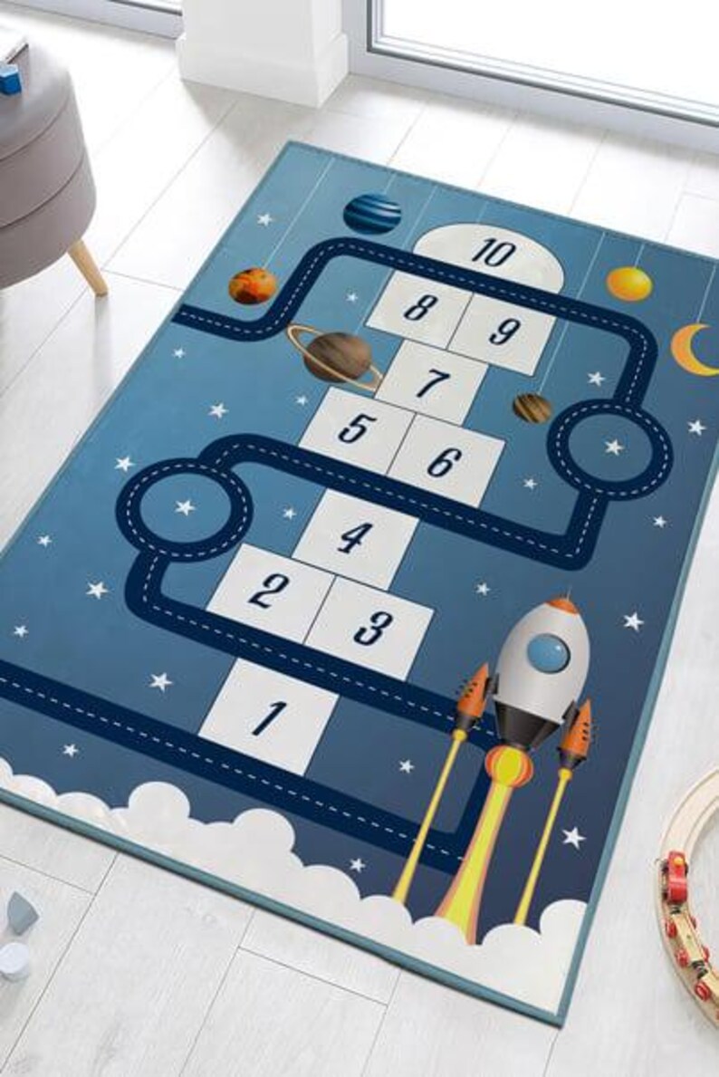 Hopscotch Carpet With Space Shuttle for Kids Room / Nursery Room Navy ...