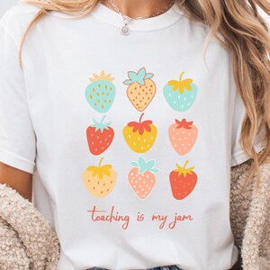 Strawberry Teacher Shirt, Floral Teacher Tee, Teaching is my Jam, Comfort Colors® Teacher Shirt, Cute Teacher Gift