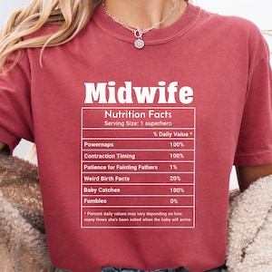 May include: A maroon t-shirt featuring the word "Midwife" in white, bold lettering. Beneath, a "Nutrition Facts" label humorously details daily values for midwife tasks, such as power naps and baby catches.