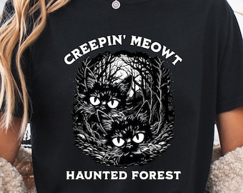 Camiseta de gato negro, camiseta de bosque de gatos brujos, camiseta espeluznante y adorable, ropa gótica unisex, ropa alternativa para amantes de los gatos